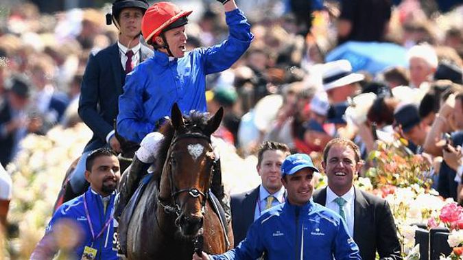 Kerrin McEvoy who rode Cross Counter celebrates as he returns to scale. (Photo / Getty)