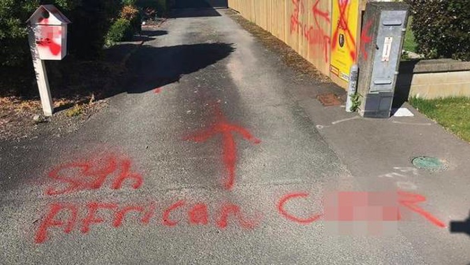 A South African couple living in Nelson have become a victim of vandlism and racism after finding racial slurs tagged all over their property. Photo / Supplied