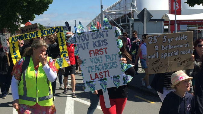 The signs were out in force as Canterbury teachers took to Christchurch's streets. (Photo / Newstalk ZB) 