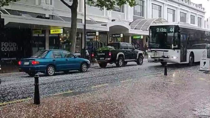Hail in Wall St Mall, Dunedin taken from video posted to YouTube. (Image / Helis7_)
