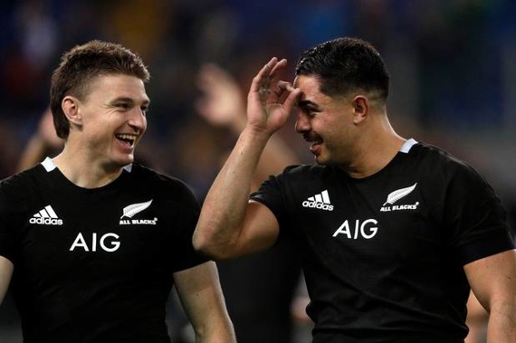 Beauden Barrett and Anton Lienert-Brown celebrate. Photo / AP