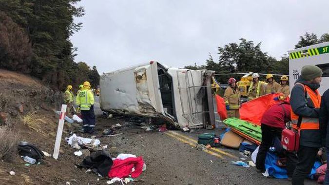 Emergency services worked to help the injured in the aftermath of a fatal bus crash near Tūroa skifield. Photo / Fenella Murphy