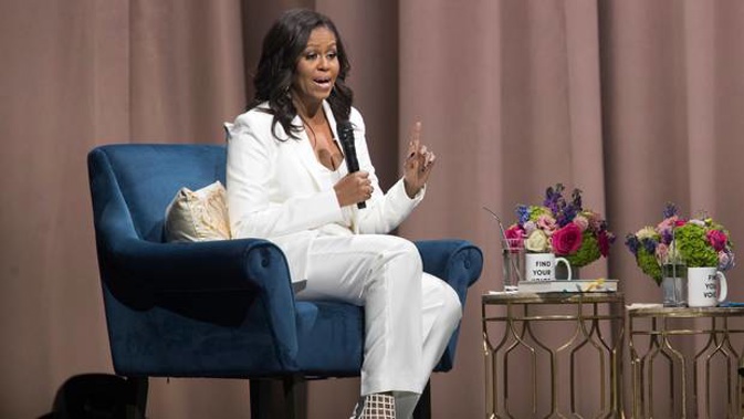 Former first lady Michelle Obama speaks at Barclays Centre in New York. Photo / AP