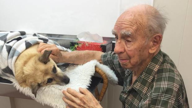 Jim Morgan, 95, said his farewell to his best mate, Sandy, at Bay of Islands Vets yesterday before his pet of more than 12 years was put down after being attacked by 6 dogs in Kaikohe.