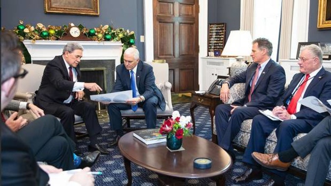 Foreign Minister Winston Peters meets with US Vice-President Mike Pence and other officials in Washington. Photo / Twitter, US Embassy NZ