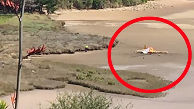 A light aircraft lies crashed on the mudflats at Raglan. (Photo / Belinda Feek)