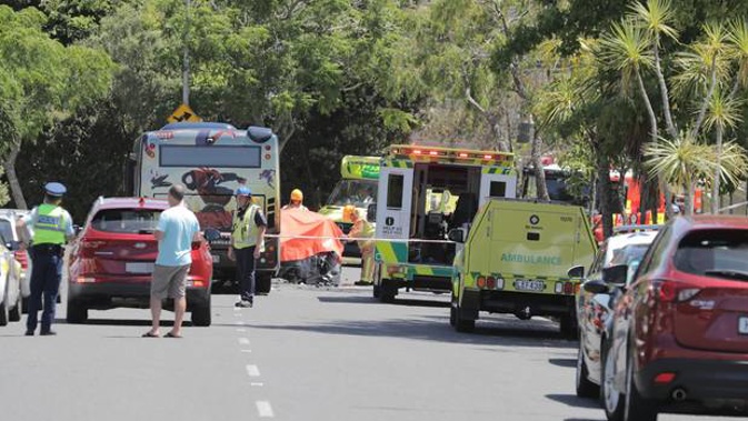 Emergency services at the scene of the crash between a bus and a car. Photo / Michael Craig