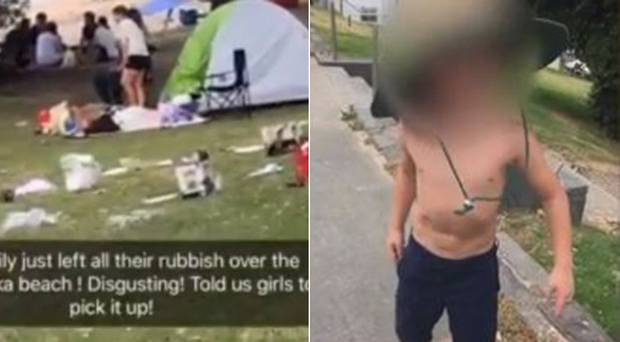 Disturbing footage has emerged of Irish tourists dumping rubbish on Takapuna Beach and threatening to "knock the brains out" of locals. 