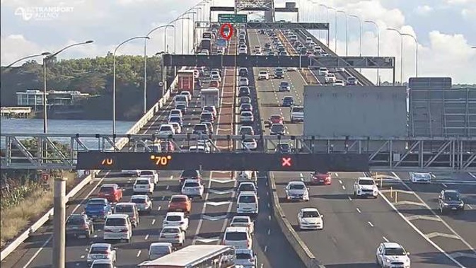 A breakdown has caused traffic to back up on the Auckland Harbour Bridge. Photo / NZTA