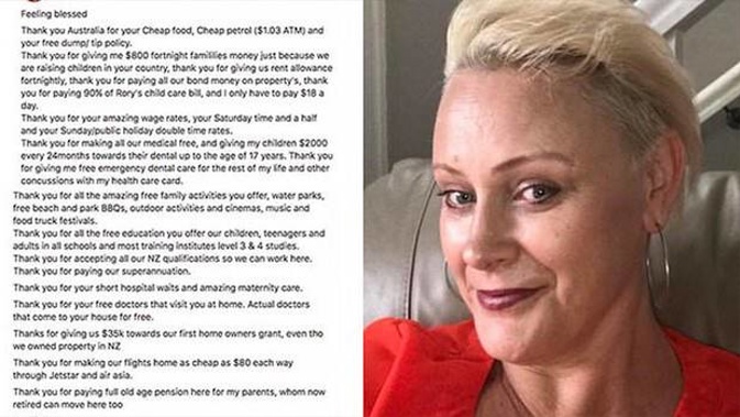 'Thank you Australia for giving me money': A Kiwi's gushing post thanking the 'lucky country' for all of her taxpayer-funded welfare her family receives goes viral. Photo / Facebook
