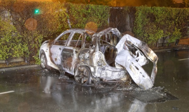 The burnt-out wreckage of the stolen car the Mcallister brothers and their friend Brooklyn Taylor died in. Photo / NZ Police