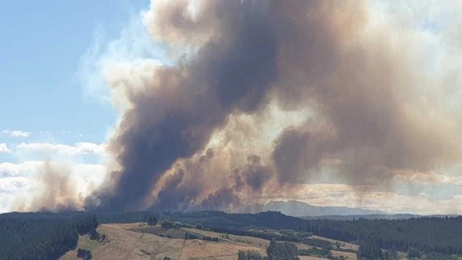 Three helicopters have been tasked to tackle the blaze, along with fire crews from throughout the area. (Photo / Nelson Weekly)