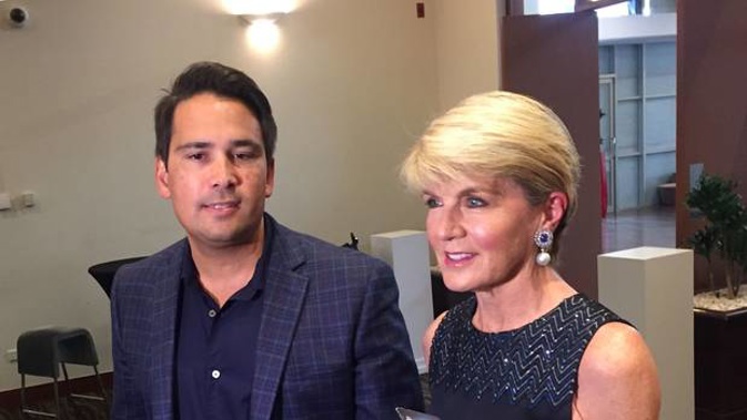 National leader Simon Bridges and former Australian Foreign Minister Julie Bishop speak to media at the National Party caucus retreat in Hamilton. (Photo / Derek Cheng)