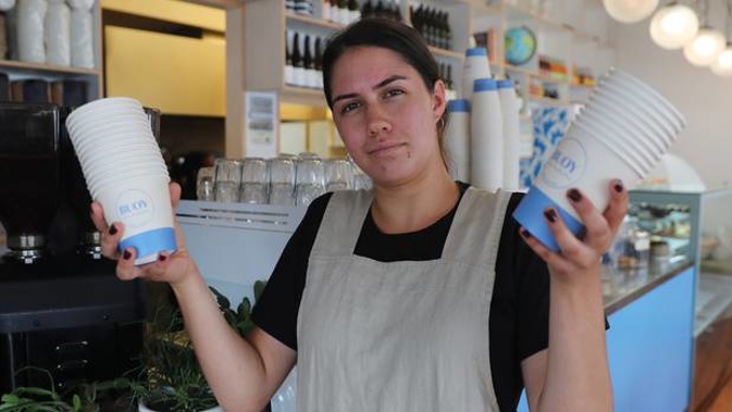 Bailey Dewar from Buoy Cafe said it was logical that takeaway cups were for customers taking away. (Photo / Doug Sherring)