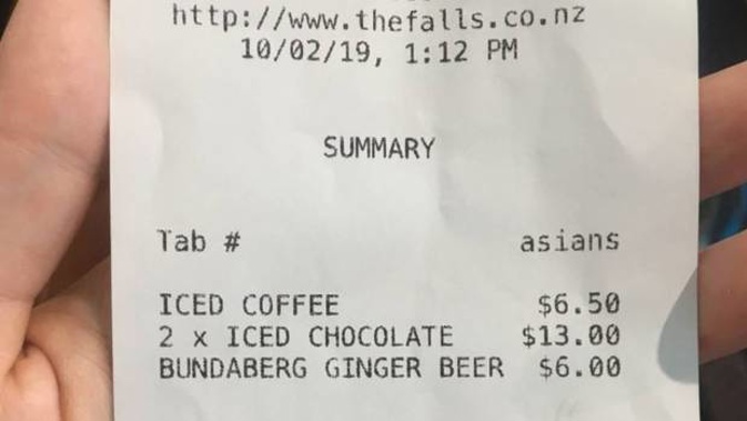 A waiter at Falls Restaurant & Cafe in West Auckland had written "Asians" to identify a group on Sunday, and then provided it to the group. Photo / Social media
