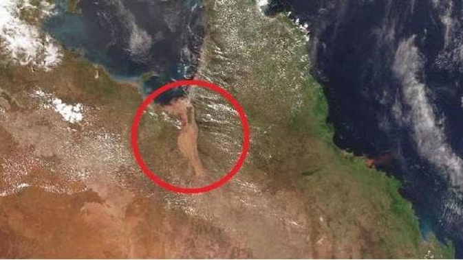 Satellite imagery from the Bureau of Meteorology clearly shows the vast muddy area that is the engorged Flinders River. (Photo / Supplied)