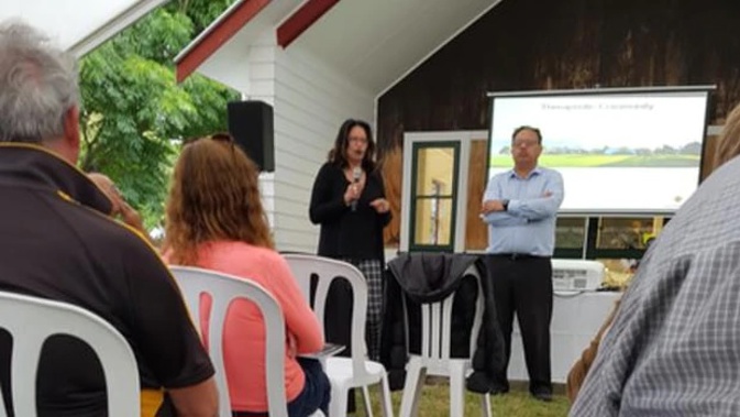 Te WairekaTe Taiwhenua o Heretaunga COO Waylyn Tahuri-Whaipakanga and CEO George Reedy answering questions from the community at an Otane meeting on Monday.