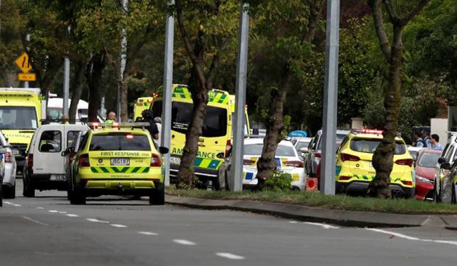 Ambulances parked outside a mosque in central Christchurch. Photo / AP