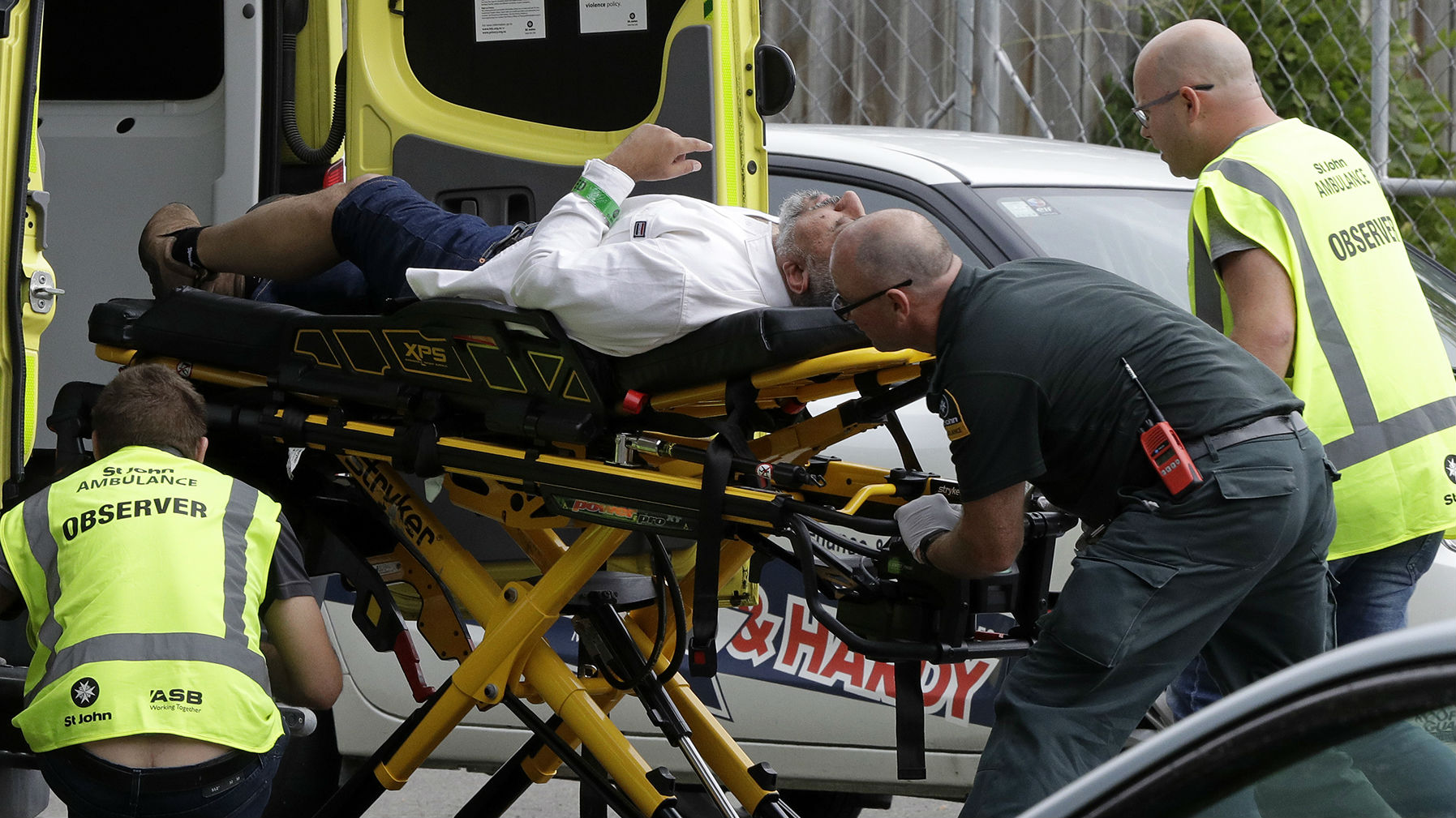 A Christchurch shooting victim is assisted by medical staff. Photo / AP