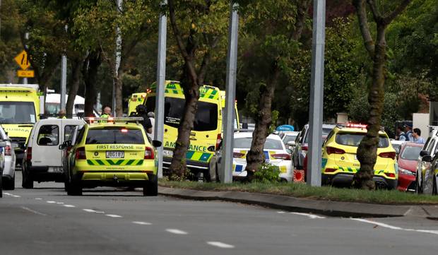 Ambulances parked outside a mosque in central Christchurch. Photo / AP.