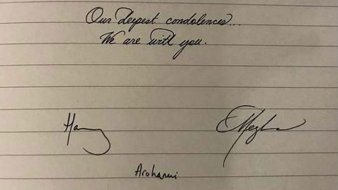 Harry and Meghan's message in the book of condolence. (Photo / Supplied)