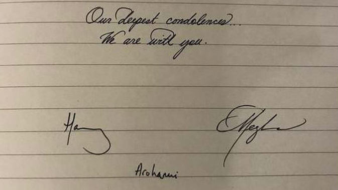 Harry and Meghan's message in the book of condolence. (Photo / Supplied)