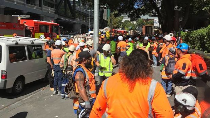 Workers evacuated from the construction site for the NZ International Convention Centre at SkyCity. Photo / Stewart Sowman-Lund