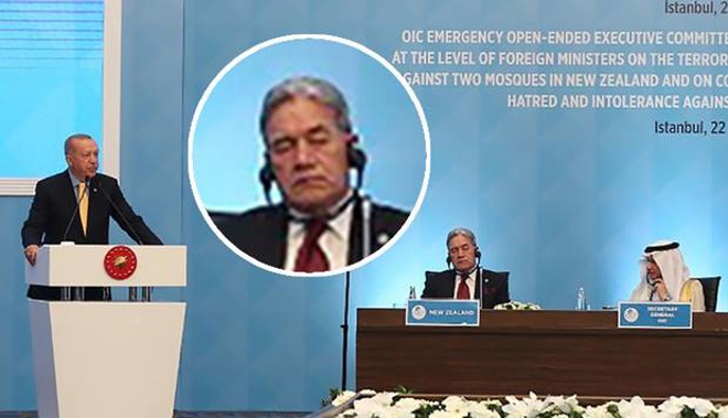 President Recep Erdogan of Turkey delivers a speech at the Islamic Summit in Istanbul 22 March 2019, as Winston Peters appears to sleep. (Photo / Supplied)