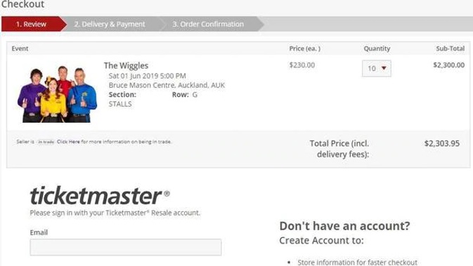 Tickets to The Wiggles which originally sold for $37 have appeared for $230 each. (Photo / Ticketmaster Resale)