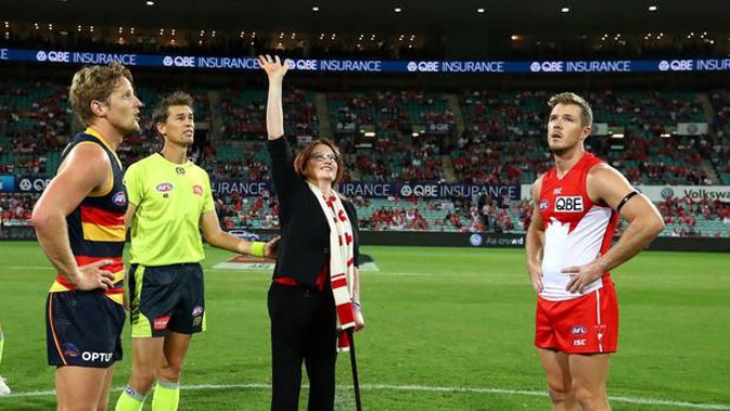 Sydney Swans Ambassador Cynthia Banham tosses the coin during the round two AFL match between the Sydney Swans and the Adelaide Crows. Photo /Getty
