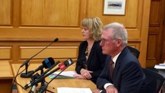 Pharmac chief executive Sarah Fitt and chairman Steve Maharey answer questions about breast cancer drug funding at select committee. (Photo / Lucy Bennett)