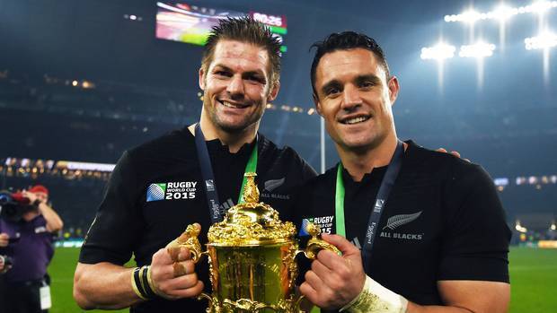Richie McCaw and Dan Carter with the Webb Ellis Trophy after the All Blacks won their back-to-back title at Twickenham in 2015. Photo / Photosport.