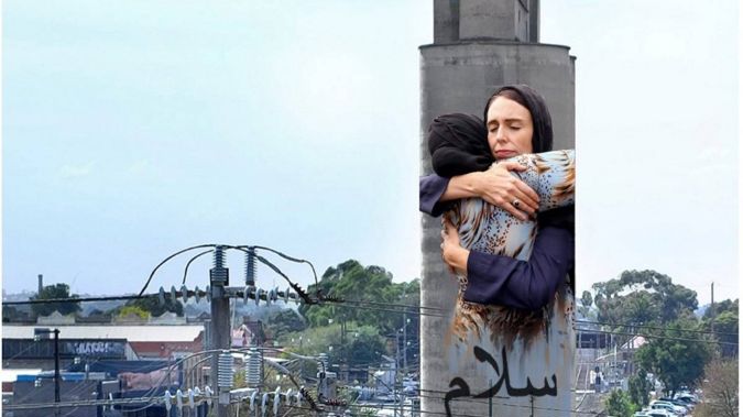 The painting will feature the now iconic photo of Ardern hugging a Muslim woman at a memorial service. (Photo / Supplied)