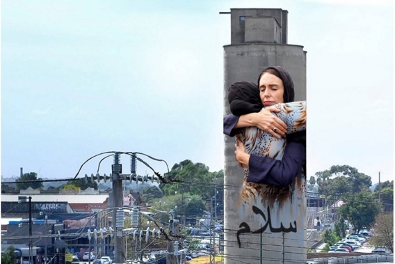 The painting will feature the now iconic photo of Ardern hugging a Muslim woman at a memorial service. (Photo / Supplied)