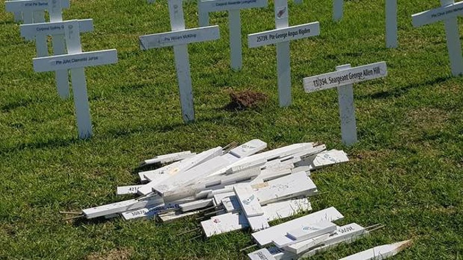 Dozens of the Huntly RSA crosses were damaged in the attack. Photo / Antonello Savini