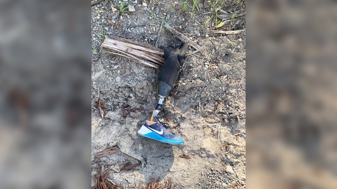 This prosthetic leg was found in a lumber yard on Monday local time. (Photo / CNN)