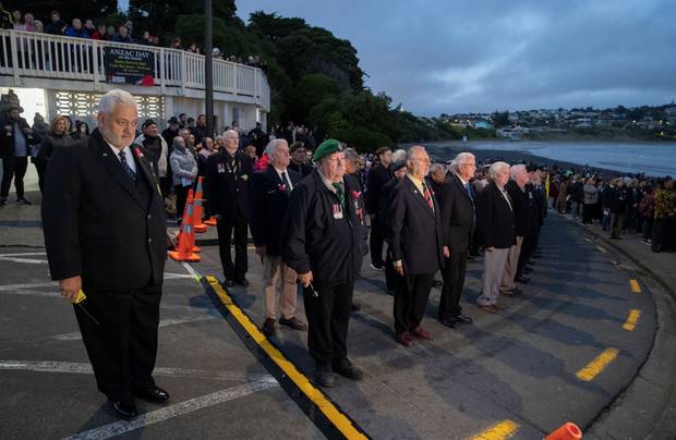 Veterans armed services personal and police on parade during the Anzac Day on the Beach Dawn Service at Titahi Bay Porirua. Photo /Mark Mitchell