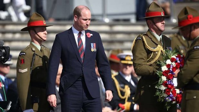 Prince William laying a wreath for Anzac Day at the Auckland War Memorial in the Domain today before he left for Christchurch. Photo / Getty Images
