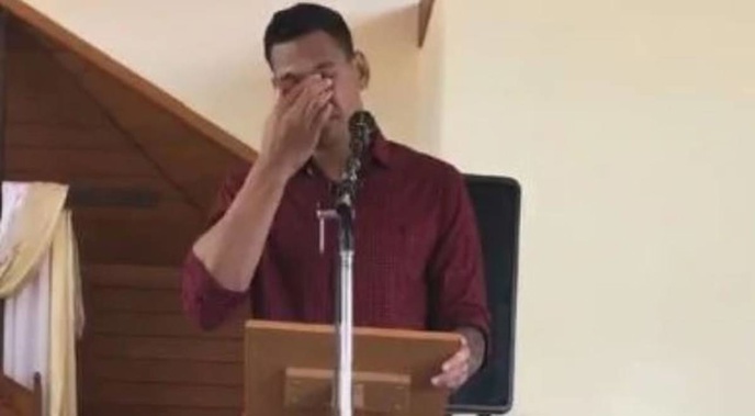 Israel Folau cries while delivering an Easter sermon. (Photo / Supplied)