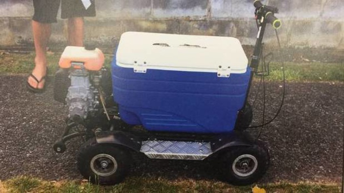 The motorised chilly bin Daniel Hurley took for a spin after a few drinks last year has netted him a conviction and a $700 fine. (Photo / Police)