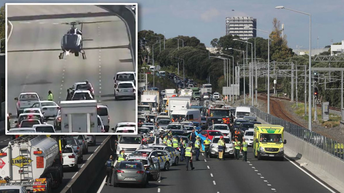 The incident made headlines after a helicopter landed on the motorway. (Photo / NZ Herald)