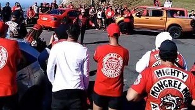 Members of the Mob on top of Te Mata Peak for a gang ceremony. (Photo / Facebook)
