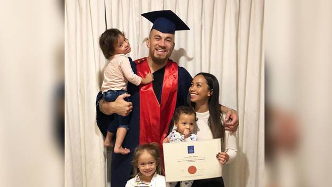 An excited Sonny Bill Williams, here with wife Alana, daughters Aisha and Imaan, and son Zaid, shares his graduation news. (Photo / Instagram)