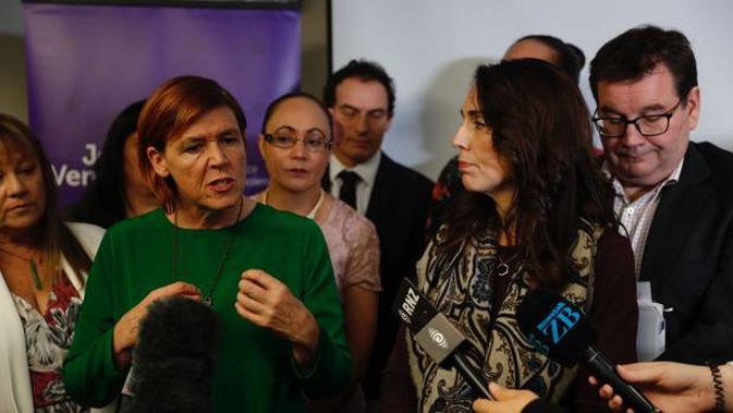 Prime Minister Jacinda Ardern with Paliamentry Under-Secretary Jan Logie during a wellbeing Pre-Budget announcement on Family and Sexual violence. (Photo / Dean Purcell)