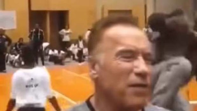 Arnold Schwarzenegger was drop kicked in South Africa. (Photo / Twitter)