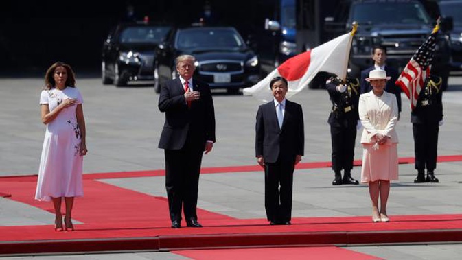 US President Donald Trump and Melania Trump participate in a welcome ceremony with Japanese Emperor Naruhito and Empress Masako at the Imperial Palace. Photo / AP