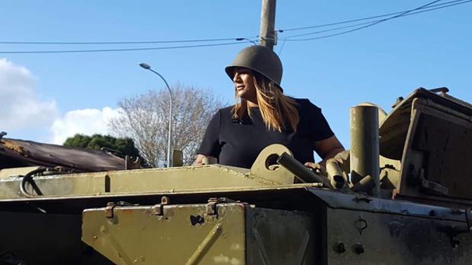 Makere Edmonds-Phillips in the ex-British Army FV432 APC vehicle on her dad's front lawn. Photo / Supplied