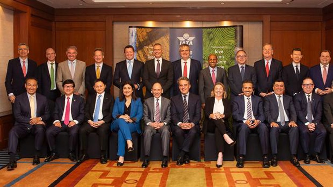 IATA board of governors with two women members María José Hidalgo Gutiérrez (front row 5th from right) and Christine Ourmières-Widener (front row 4th from left). Photo / Supplied
