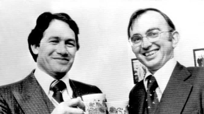 A happy smile from the new MP for Hunua, Mr Winston Peters, (left), as he clinks teacups with junior government whip, Mr D.M.J. (Dail) Jones in 1979. Photo / Herald Archive