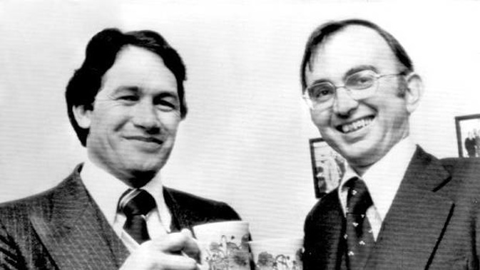 A happy smile from the new MP for Hunua, Mr Winston Peters, (left), as he clinks teacups with junior government whip, Mr D.M.J. (Dail) Jones in 1979. Photo / Herald Archive